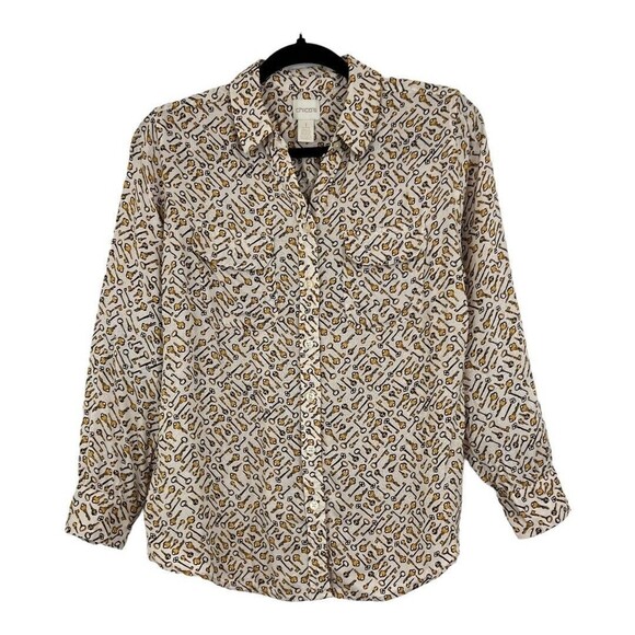 Chico's 1 Medium Graphic Keys Print Novelty Button Shirt Blouse Top - Picture 1 of 4